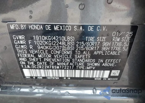 2025 Honda Hr-V Awd Ex-L from USA, damaged, VIN 3CZRZ2H78SM772217
